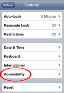 Screen shot of Accessibility Settings for iOS